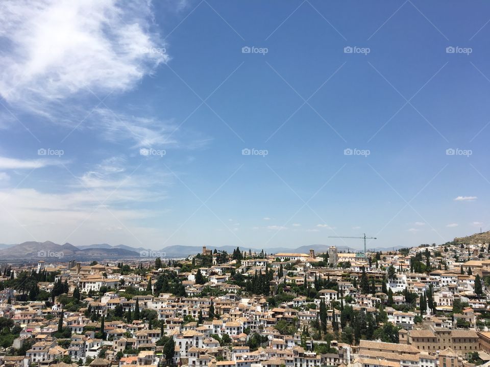 The city of Granada as seen from the top of the alcazar at the Alhambra on a clear, sunny day
