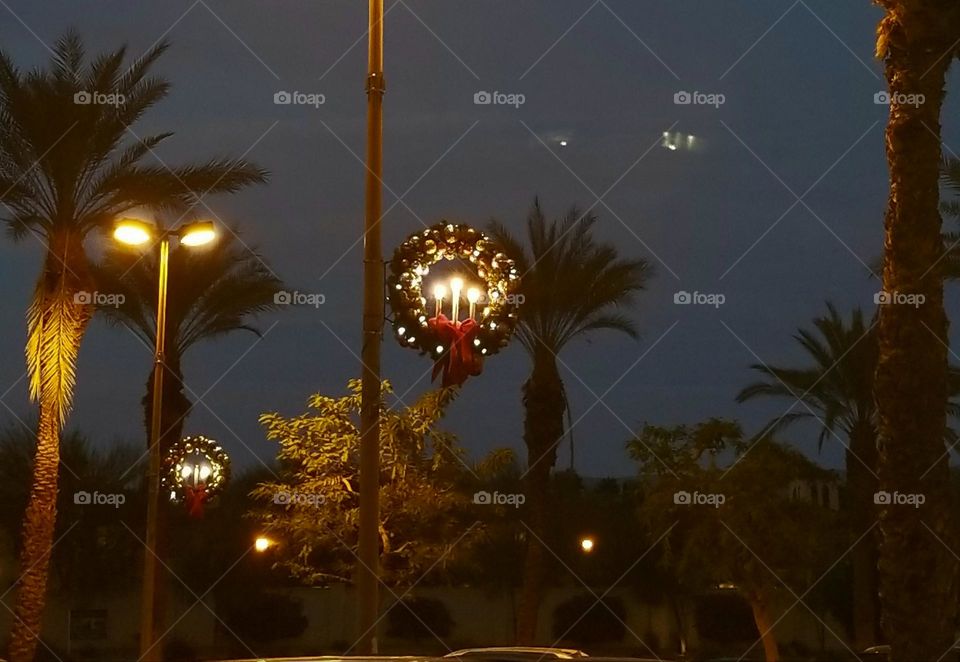 Night photography. Palm trees and light posts in a shopping center, with a wreath at Christmastime.