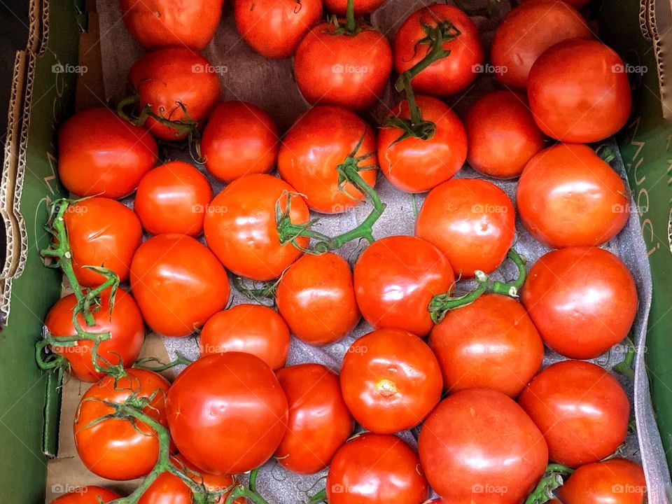 Red tomatoes inside the green box widely opened and green stalks. Foods and fruits. 