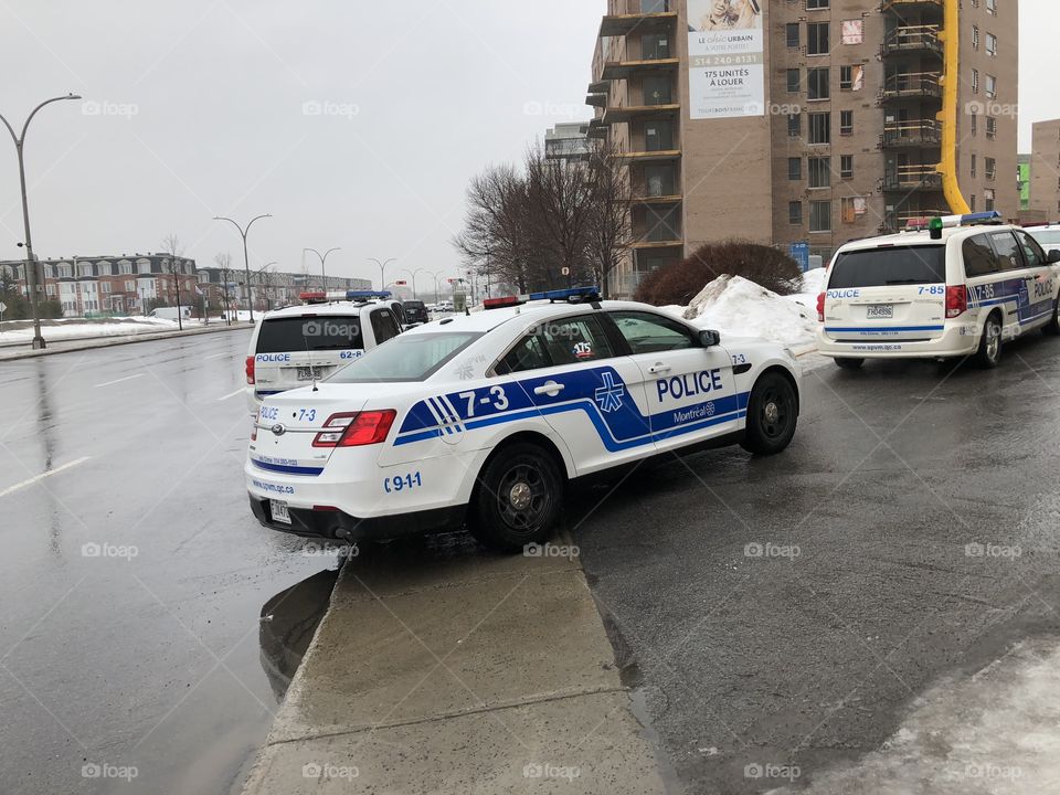 A picture of three Montreal SPVM police cars responding to a call in saint-laurents.