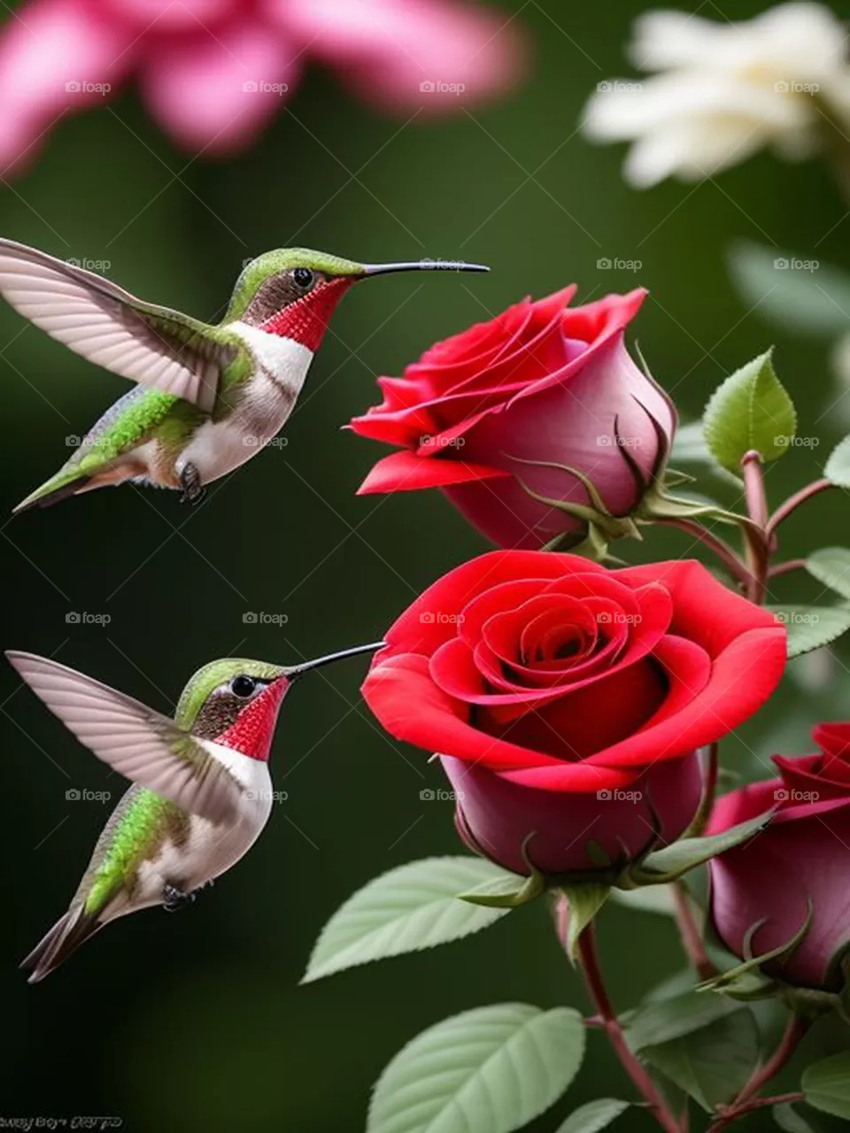 Beautiful birds among the roses