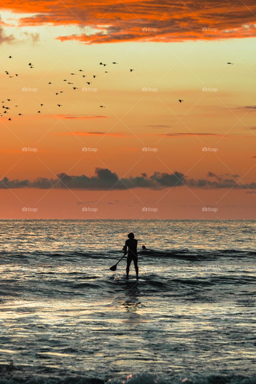 Sunset with surfer in Costa Rica with birds in the sky