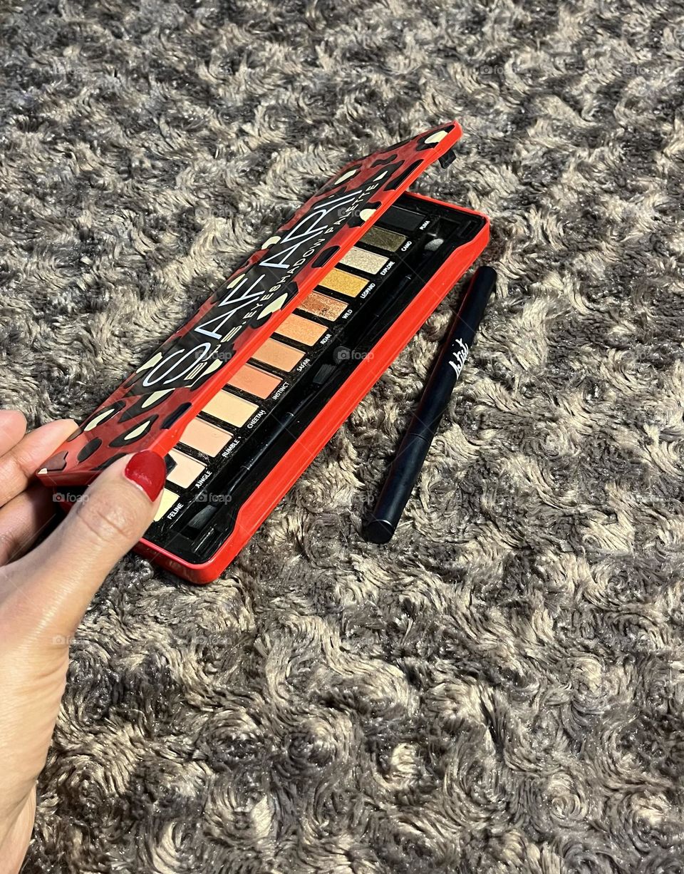 My red nails and my red palette of eyeshadows and my eyeliner 