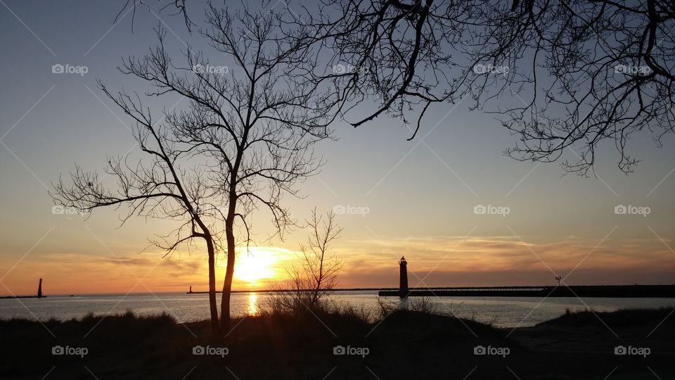 Pier Marquette Lake Michigan. Sunset on Lake Michigan