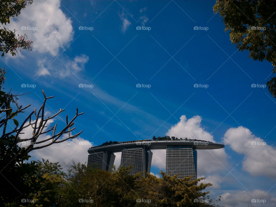 At the other side of Marina Bay Sands Hotel, famous landmark, modern buildings and architecture