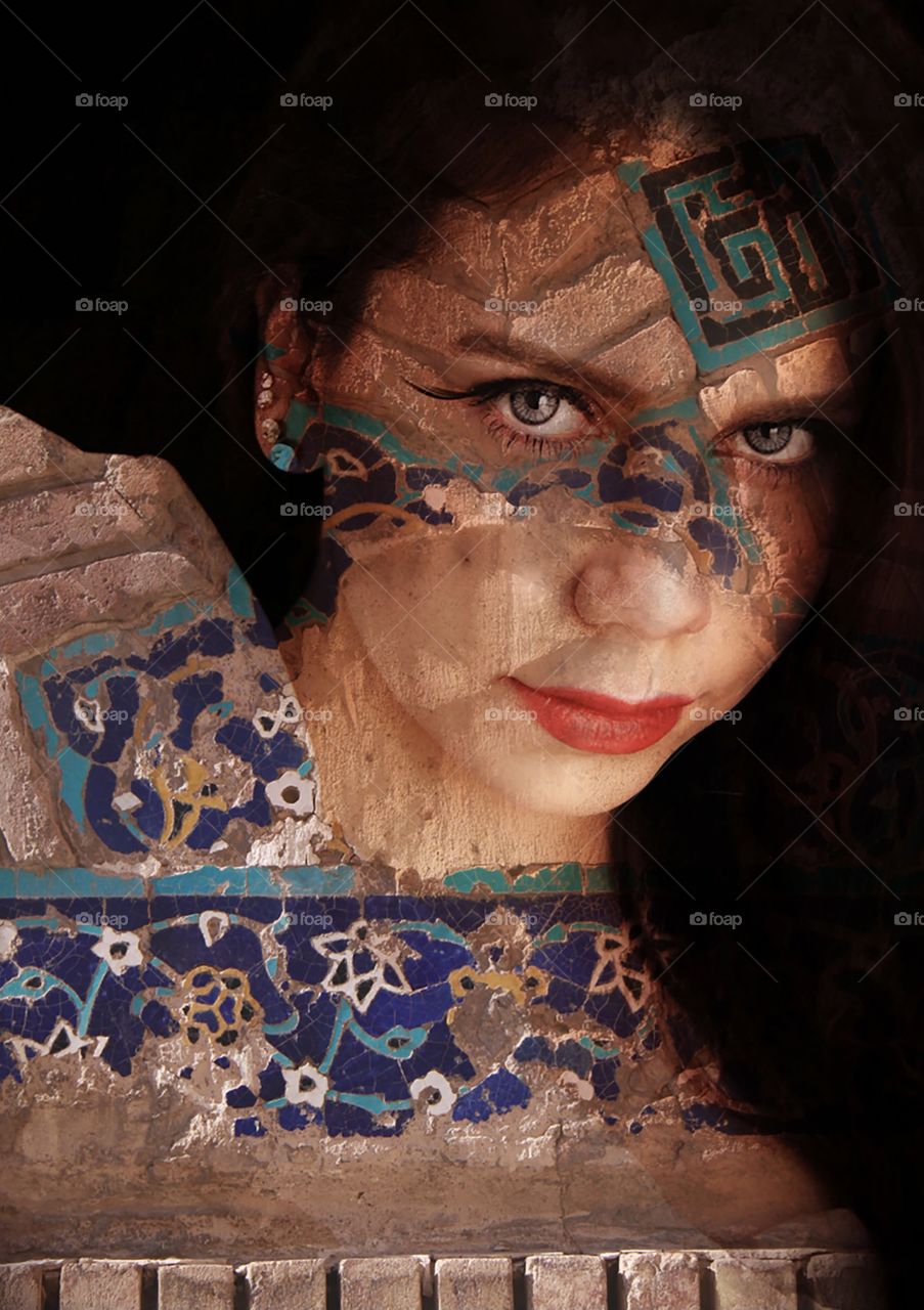 Combination of architecture elements such as tiling face of iranian girl. Presentation of Iran beauty .