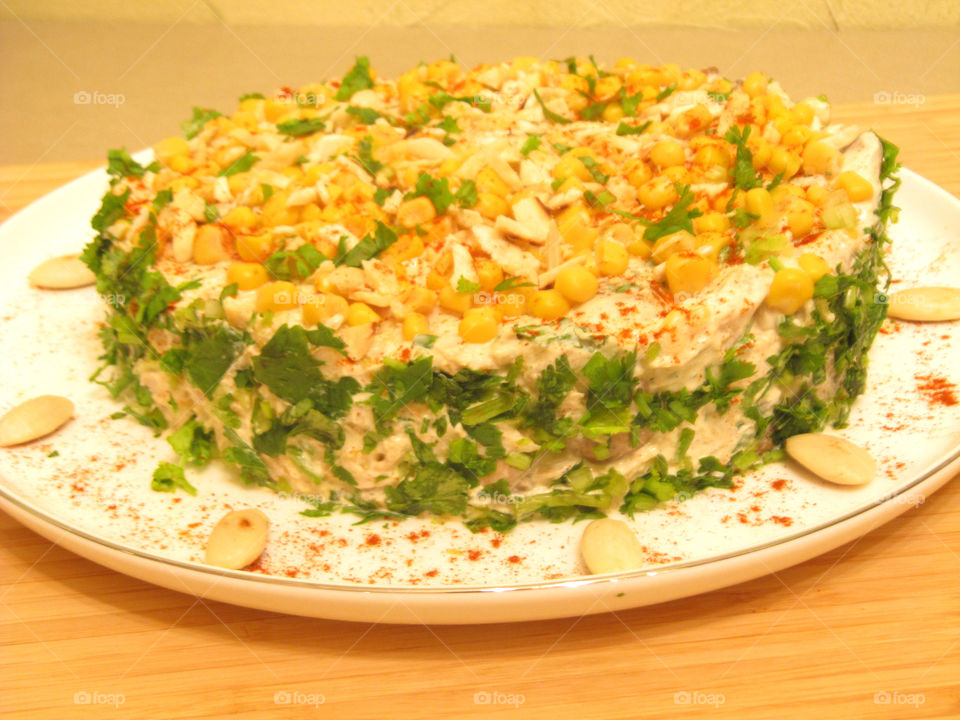 Corn chicken mayonnaise salad Tiffany with almonds