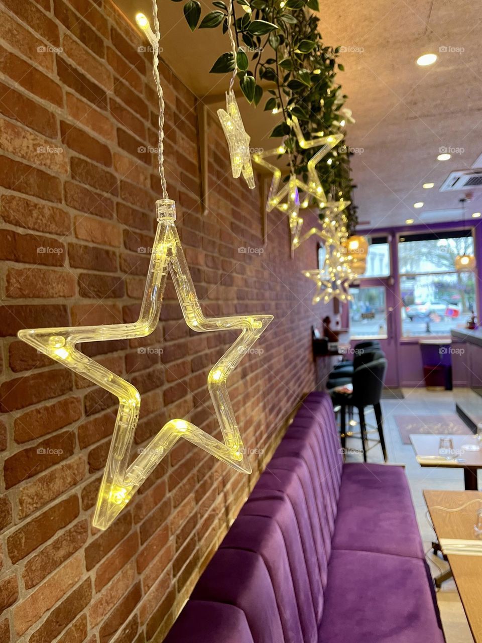 Lavender seating and Lavender shop front in a small cafe in London 🇬🇧