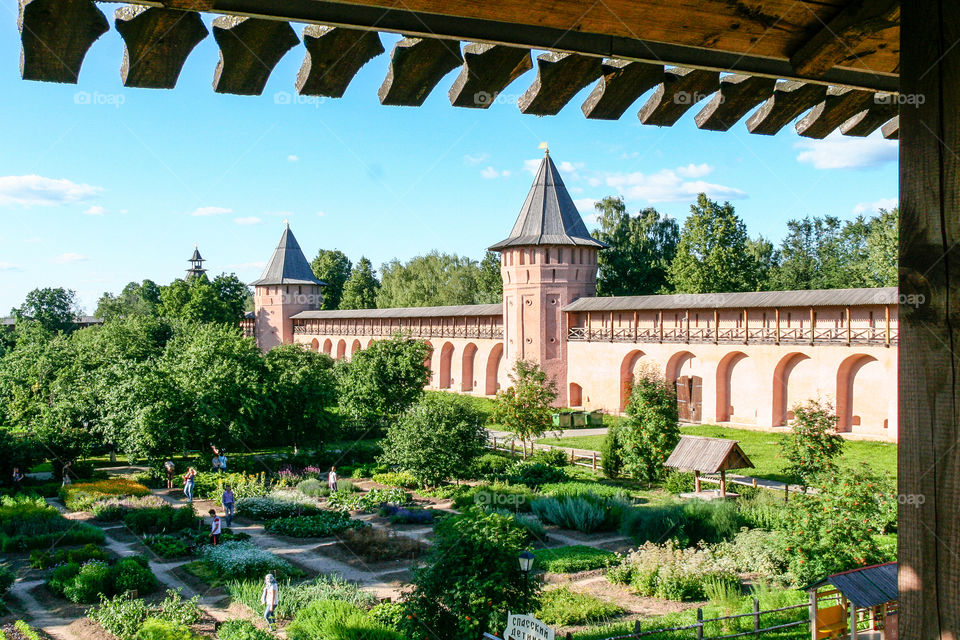 Apothecary garden and wall of the Saviour Monastery of St. Euthymius, Russia, Suzdal