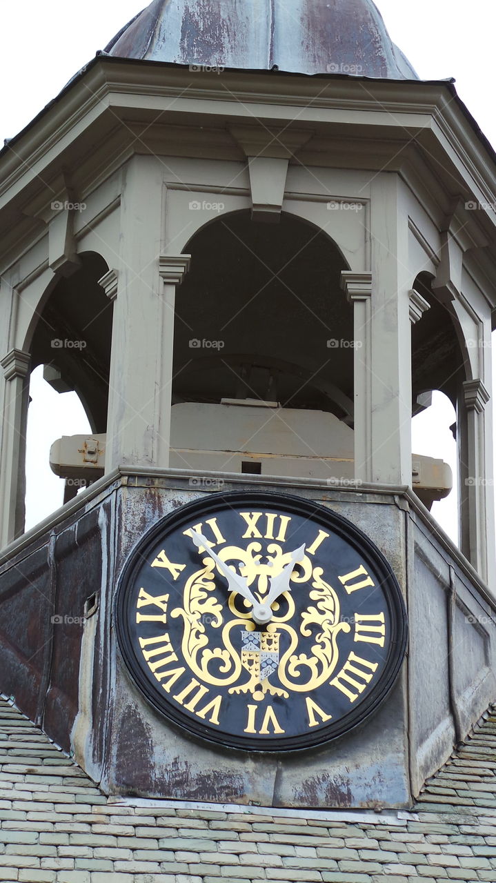 clock tower with royal crest.  coat of arms
