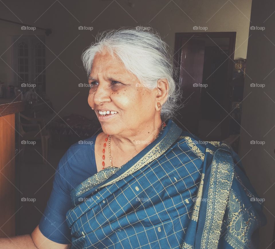 Close-up of happy indian senior woman