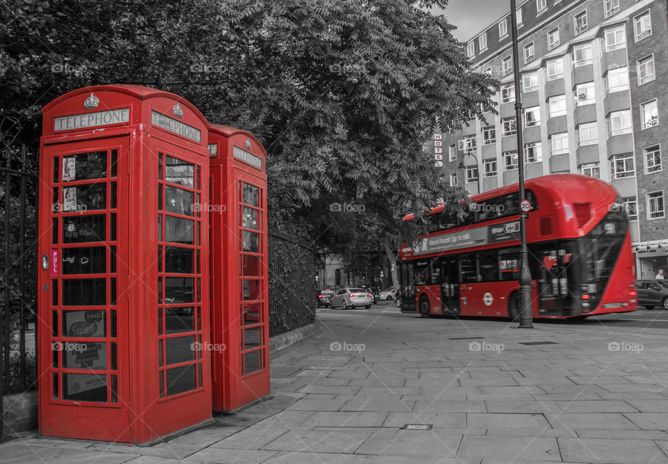 Red telephone boxes and buses