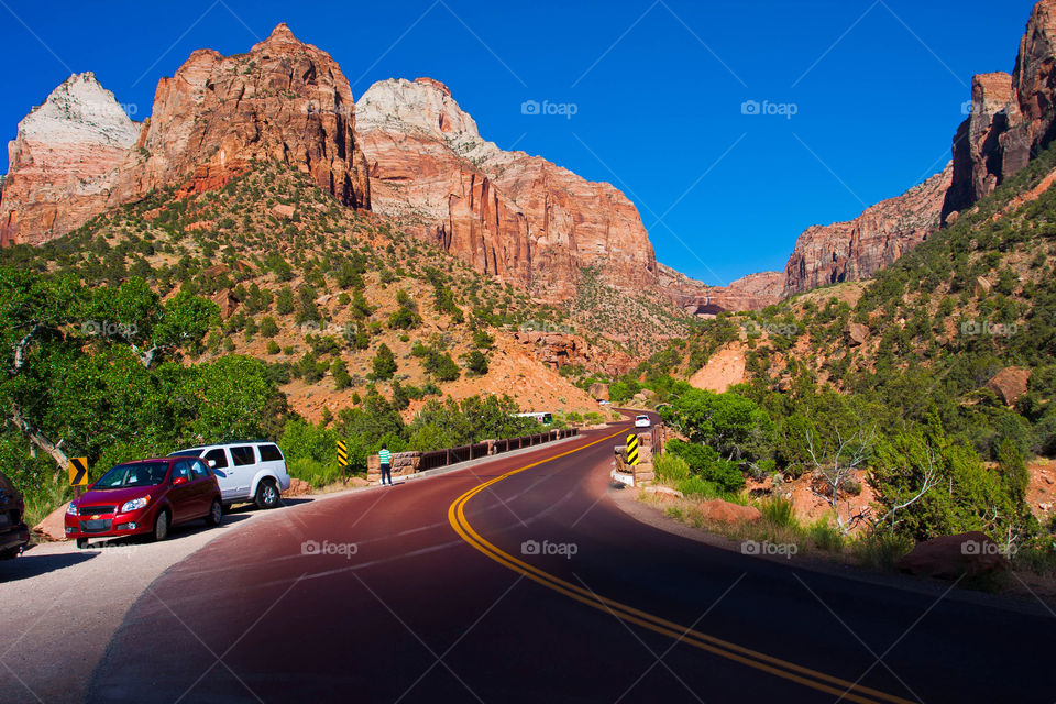 Red paved road in Zion national park