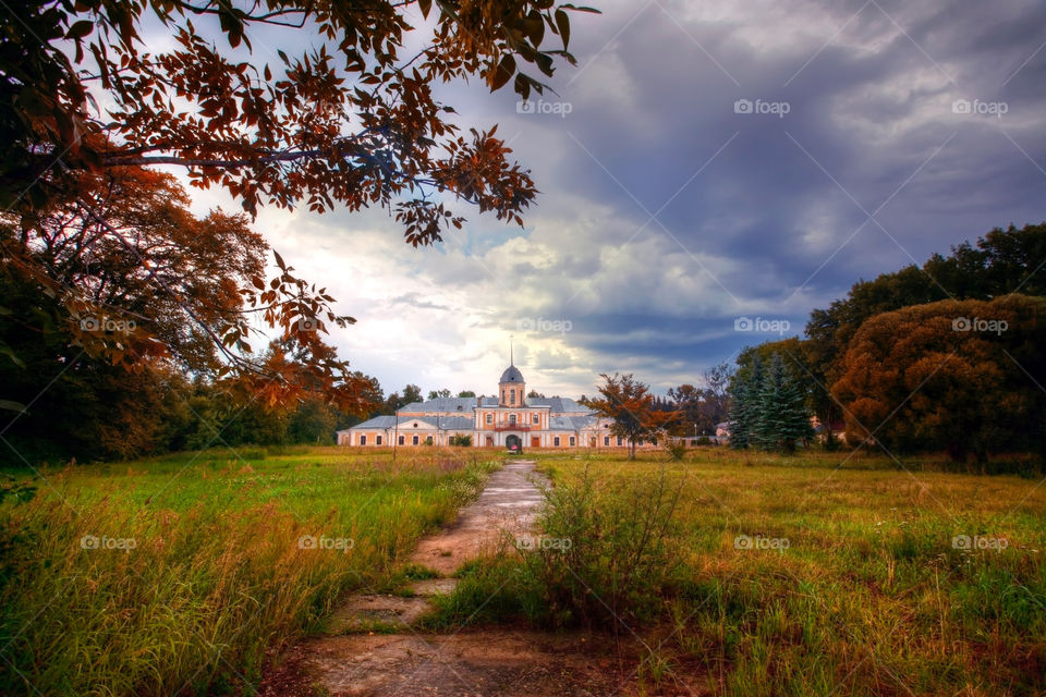 Russian manor Andreevskoye at autumn cloudy day