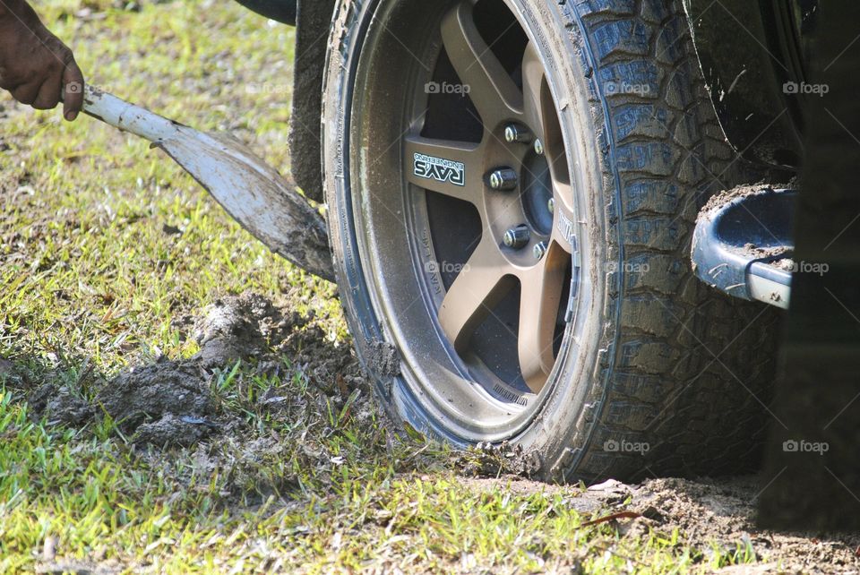 Tyre stuck in a hole 