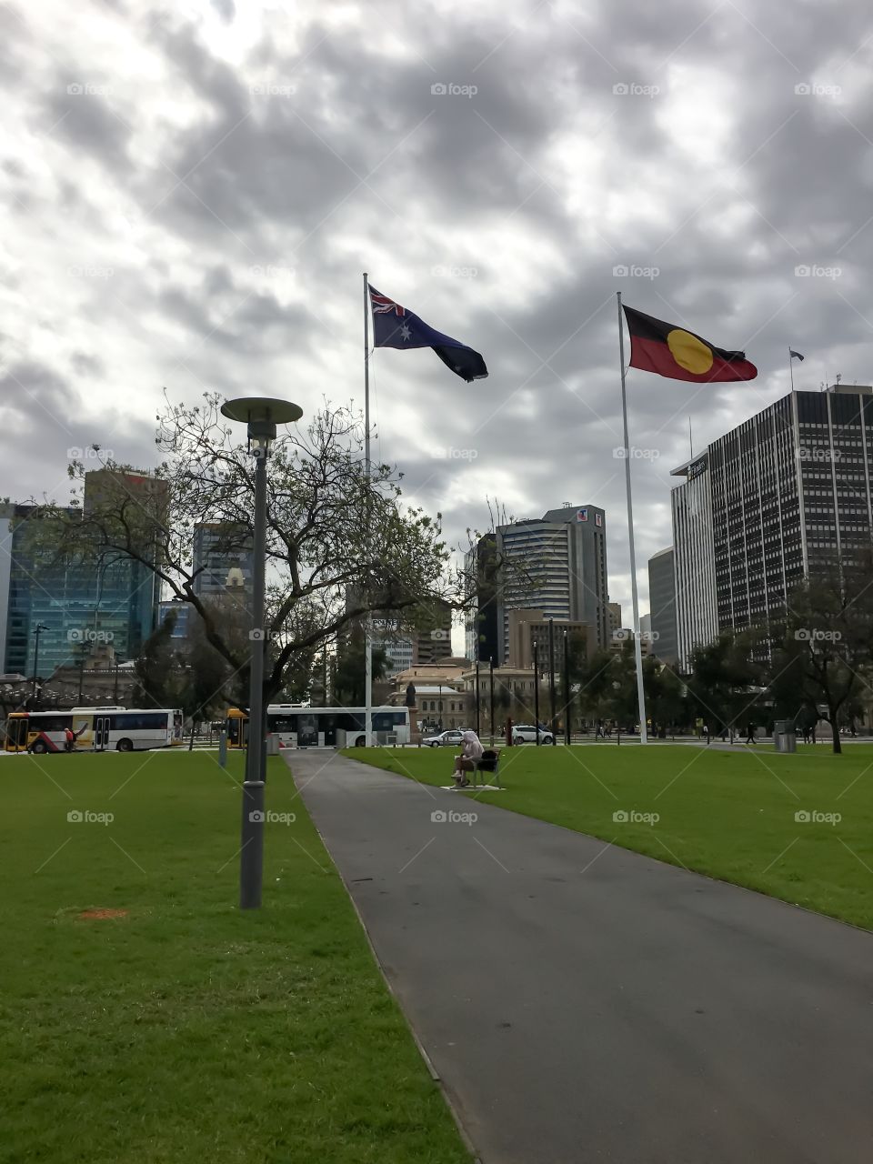 Australian and aboriginal
Flags flying in downtown Adelaide south Australia on a stormy day