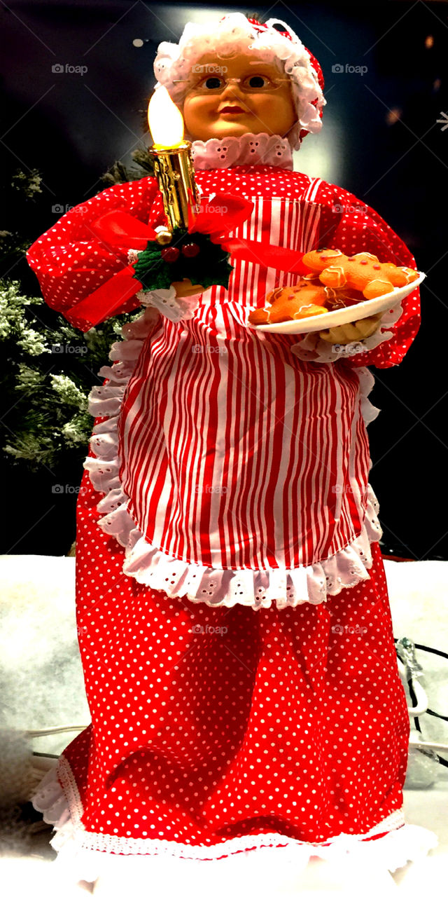 Mrs. Santa Claus!
She is holding a freshly baked batch of Christmas cookies!
