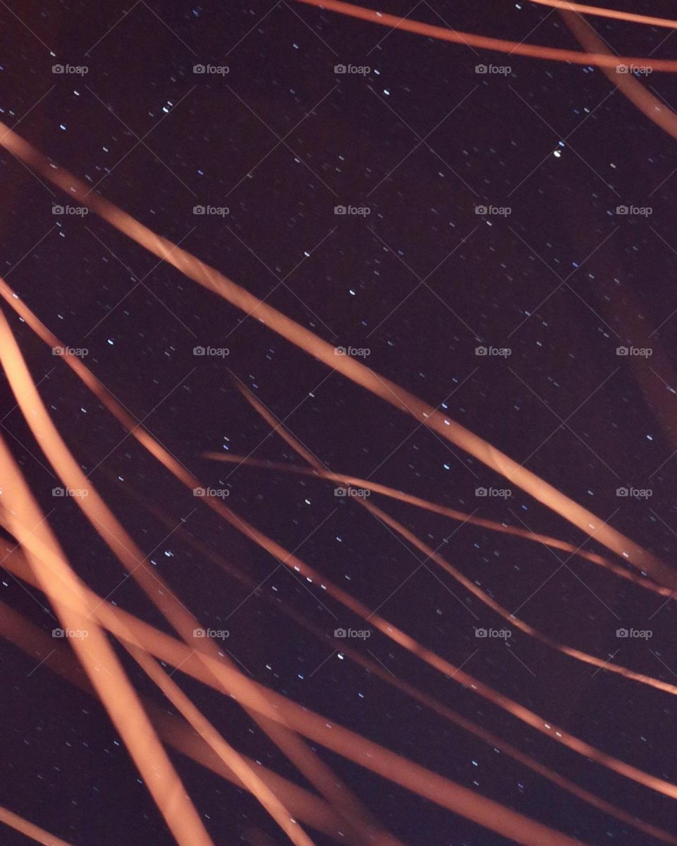 Starlight obscured by passing sparks of a fire