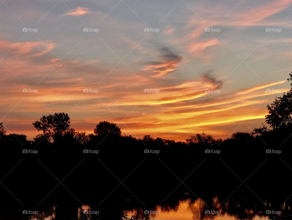 Sunrise Over Holiday Lake, Holiday Lake, Sunrise, sunrise, lake, kayaking, kayak, dock, wood, wooden, floating, water, clouds, reflection, cloudscape, summer, vacation, scenic, grass, trees, light, beautiful, quiet, calm, serene, sky, pond, Missouri 