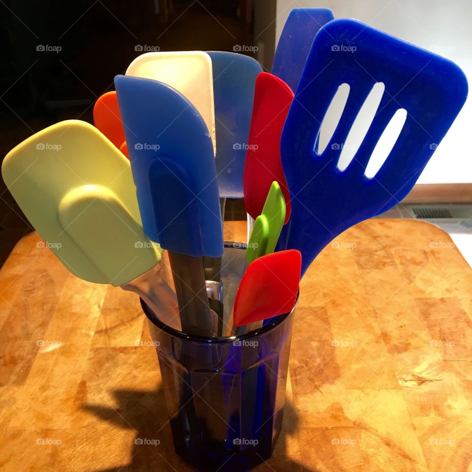 My Spatulas I Use, All Different Colors

I use these every day to cook, bake, mix up whatever. They're silicone, pretty colors & easy to clean.