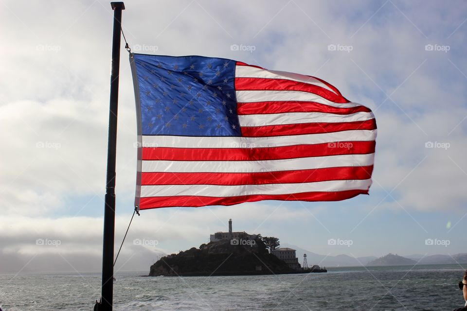 American flag towering over Alcatraz 
