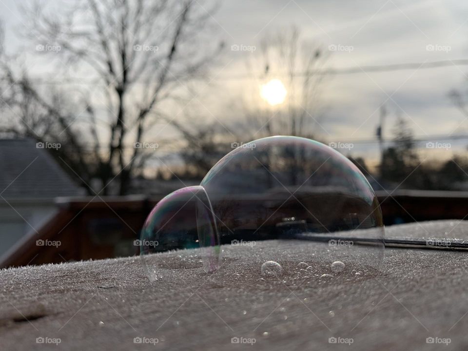 A winter wonderland. Ice crystals on top of a waste bin, on a chilly December morning. A well placed soap bubble on top, for a beautiful effect. 