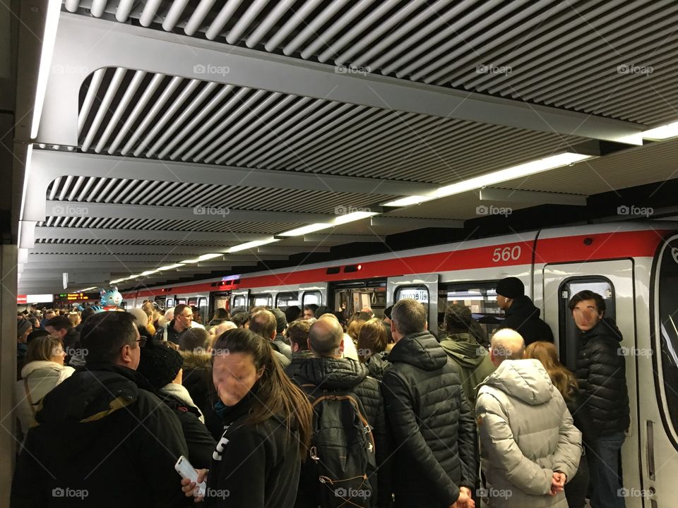 Packed metro during the light festival, Lyon, France