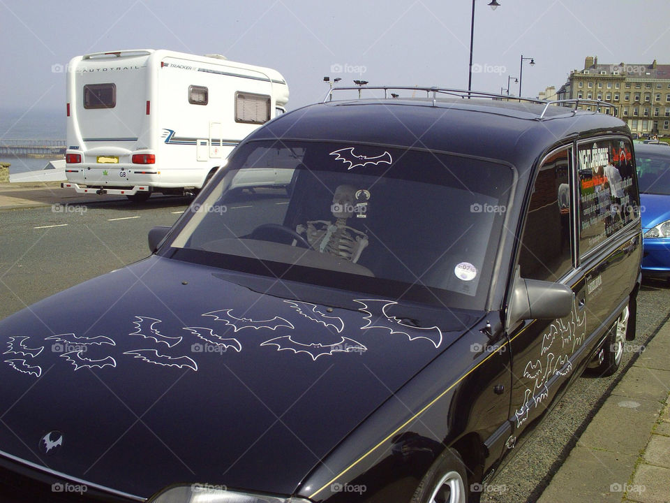 Goth car in Whitby with skeleton in seat