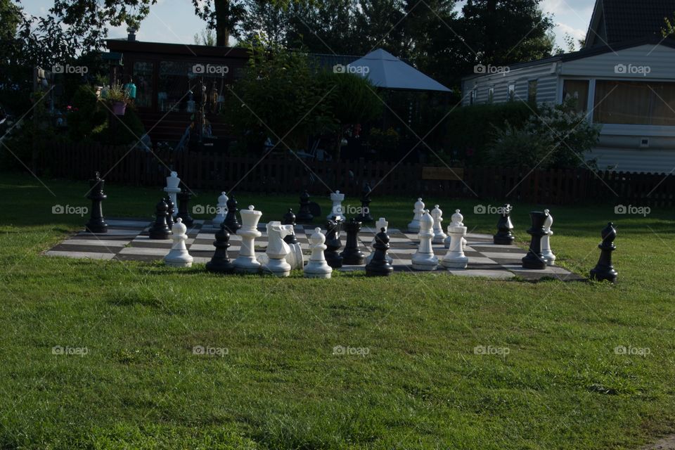 A large chessboard on the grass with huge pons 