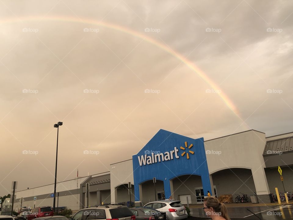 Stormy rainbow sky over Walmart