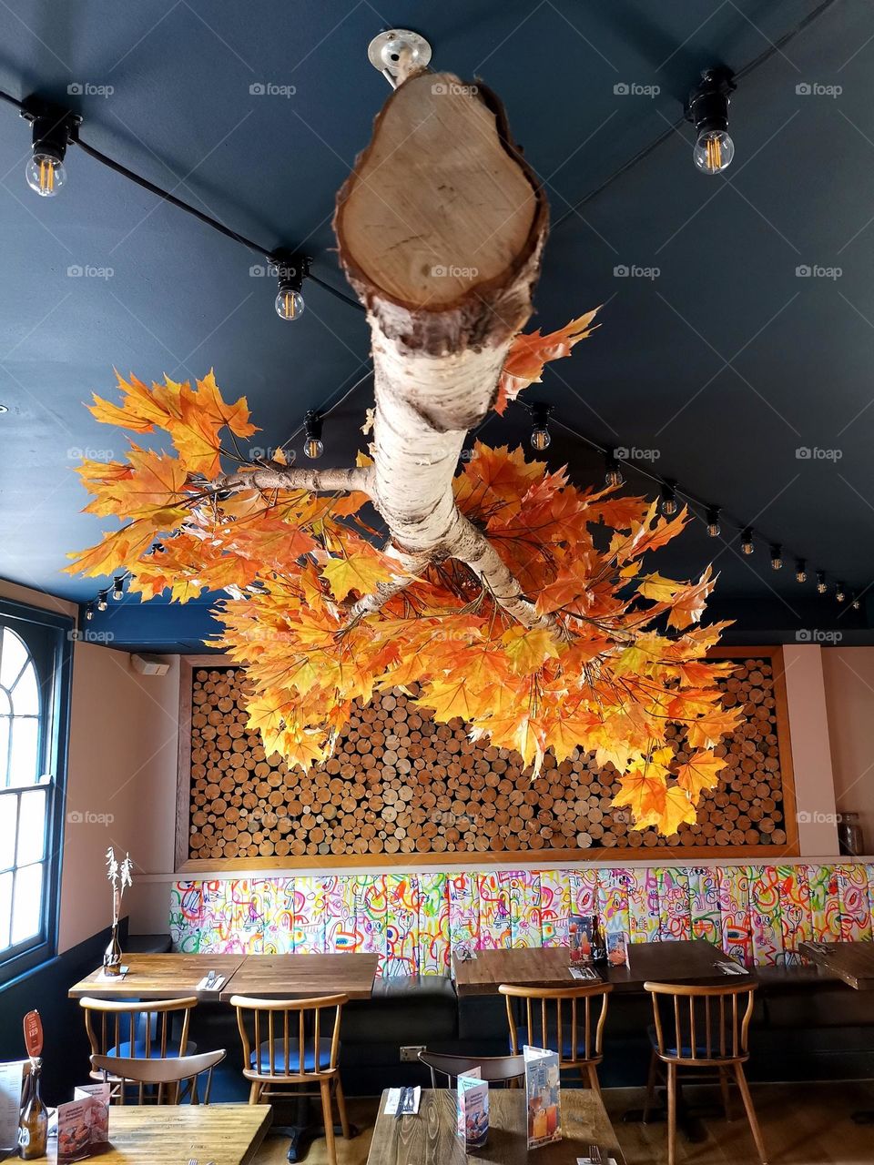 Unique Cafe interior design. Interesting design. Autumn vibes in interior.