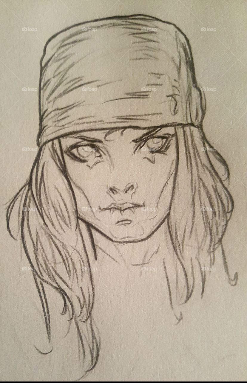 A partial drawing of a war torn girl with cloth around her head.
