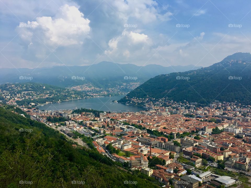 the city of Como and its lake seen from the hills of the Spina Verde regional park