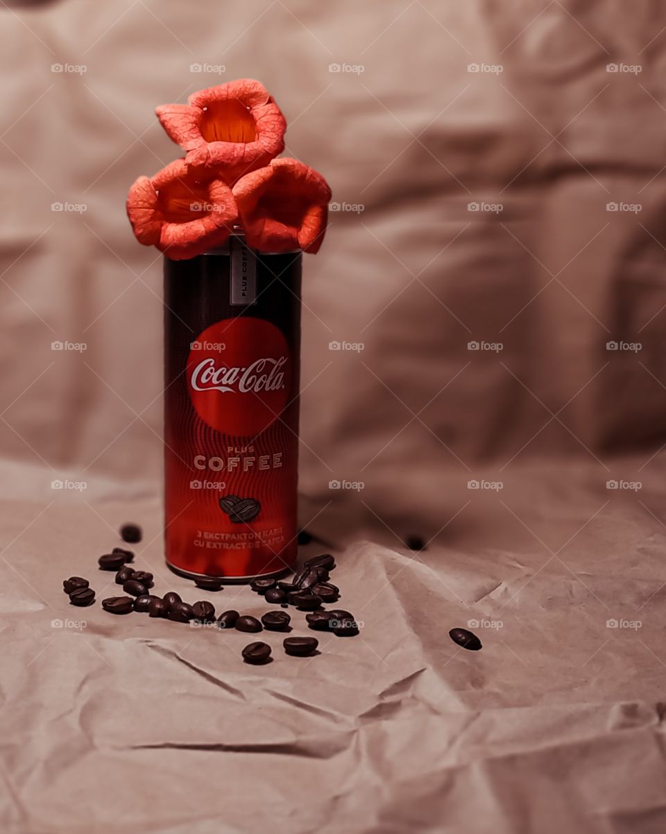 can of coca-cola coffee, still life with flowers