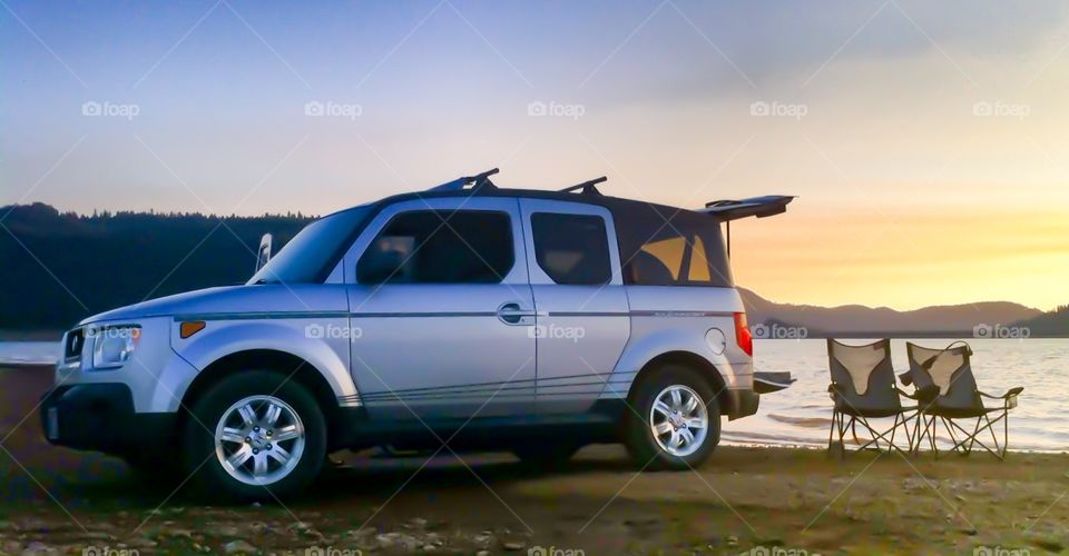 SUV at the lake.  