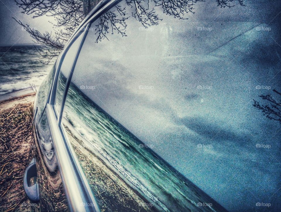 Car Window Reflection Lake Dusia Lithuania