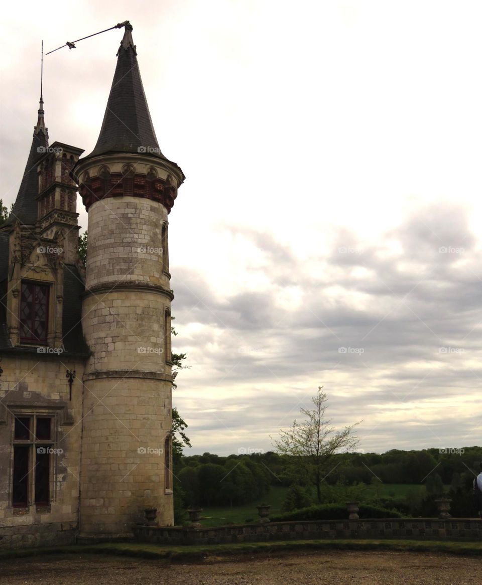 turret over landscape . Visit of the castle of Régniere Ecluse North of France 