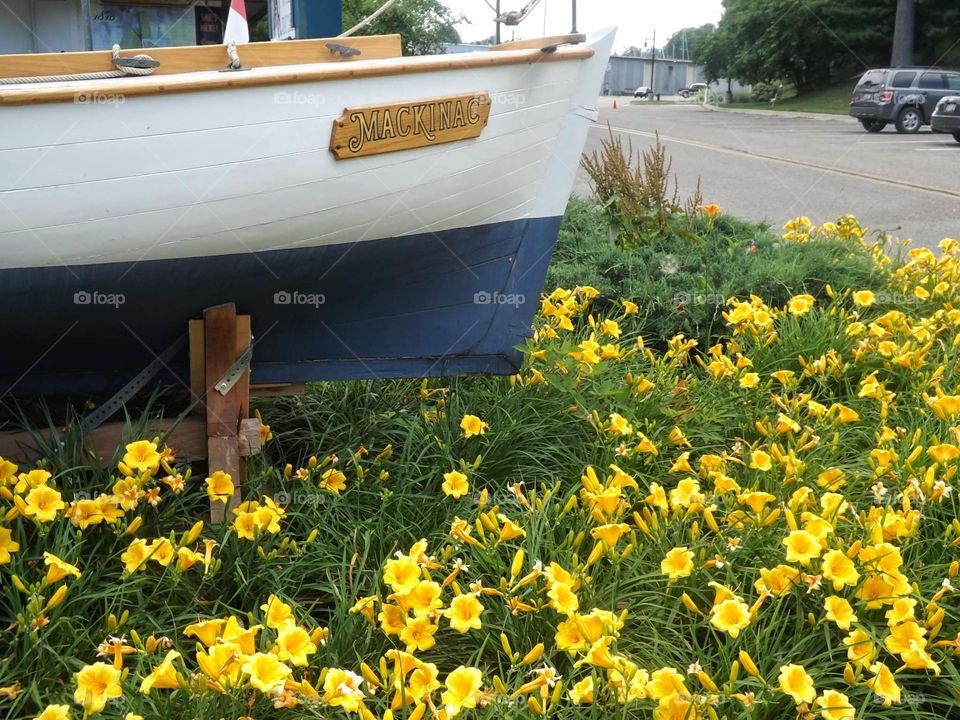 boat and flowers. makinac boat on display next to some flowers