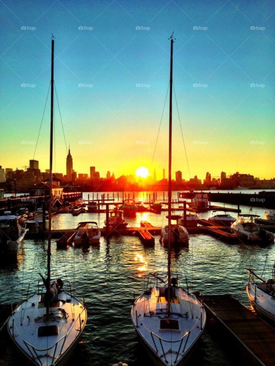 Sailboats at Sunrise on the Hudson River. Sailboats at Sunrise on the Hudson River. New York City