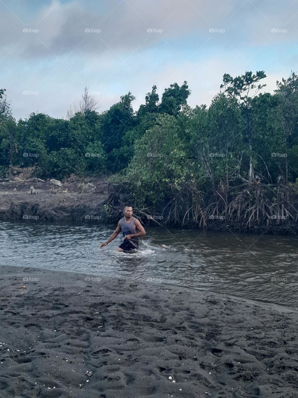 My brother is using the gill net for fishing