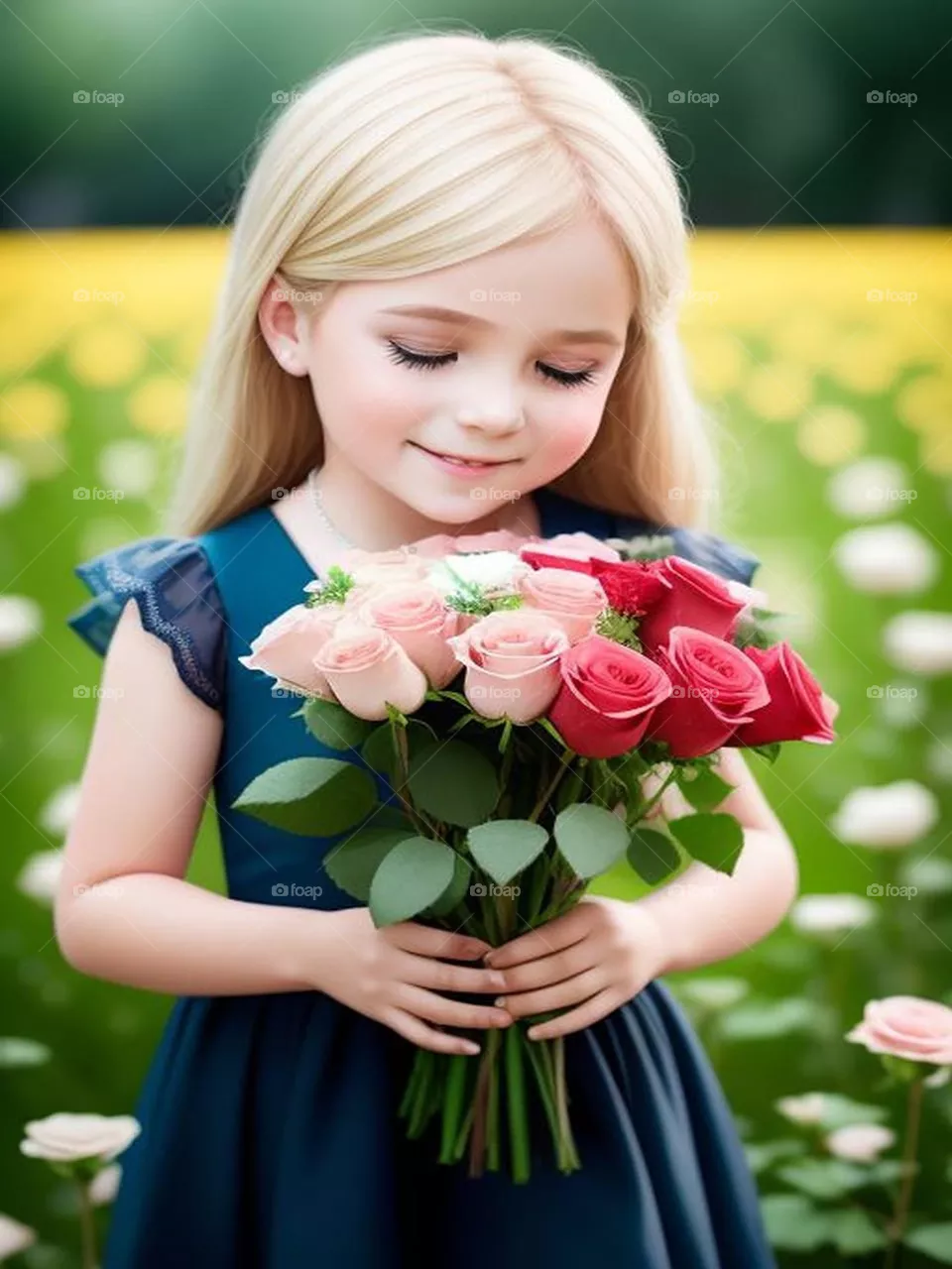 A cute blonde girl holding a bouquet of roses