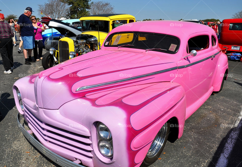 Pink vintage car at Run to the Sun car show in Myrtle Beach South Carolina. 