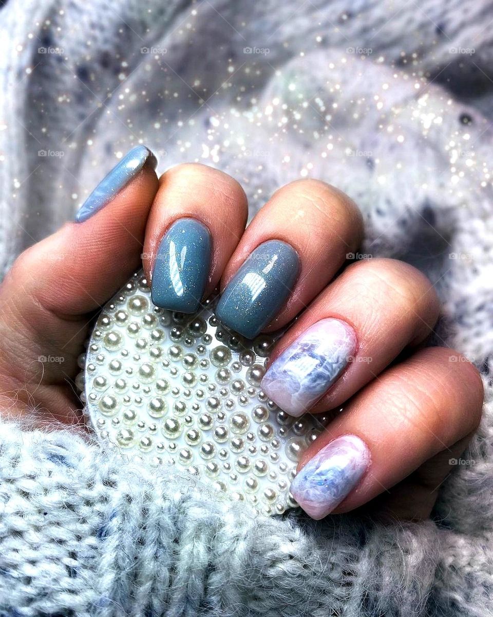 Beautiful galaxy marble blue artwork manicure nails