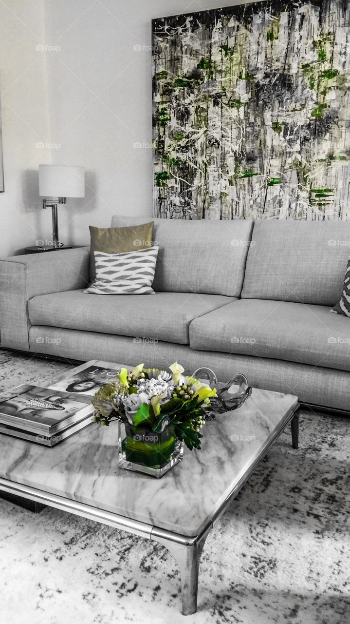 Modern decor in black and white with simple green coloured accents