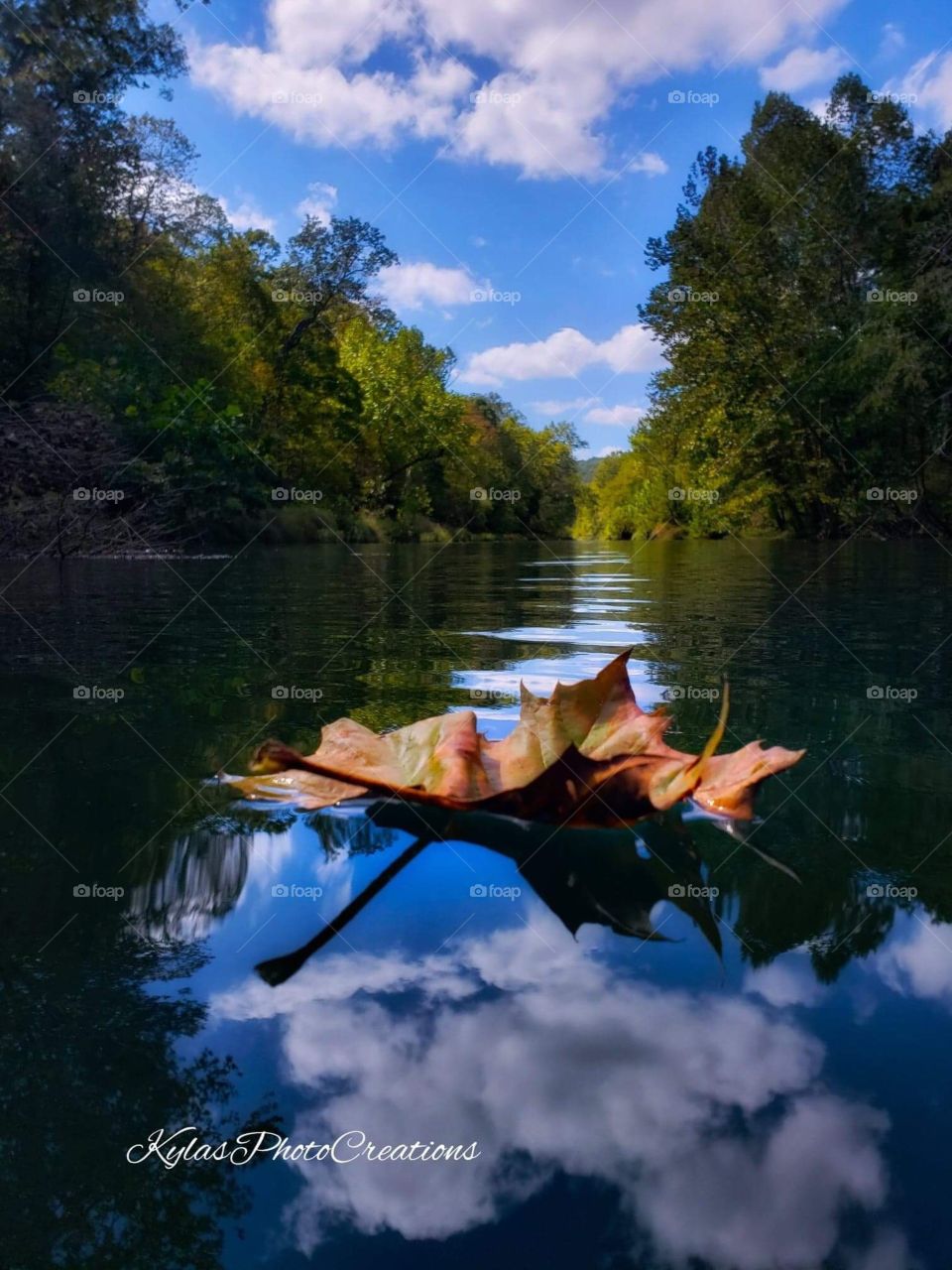 Peaceful Reflections on the slow moving river. Clouds moving lazily leaving their reflections as the only proof they they exist. While a leaf is hitching a ride. 