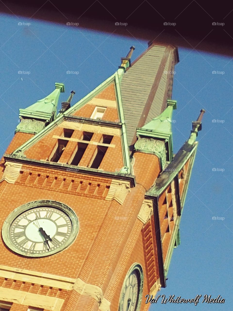 tower,red,brick,green,clock,brass,