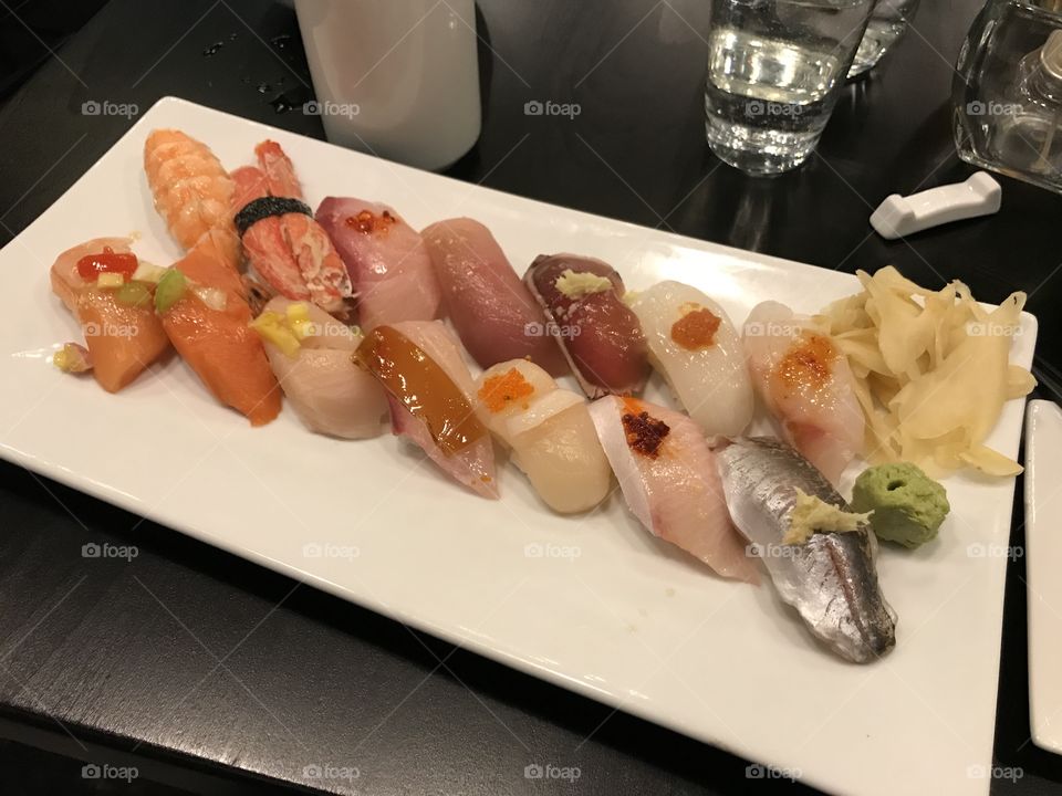 Sushi, fish, shrimps, crab, raw fish, Japanese restaurant, salmon, tuna, yellow tail,  scallop, rice,  wasabi, ginger albacore, omakase, chef choice 