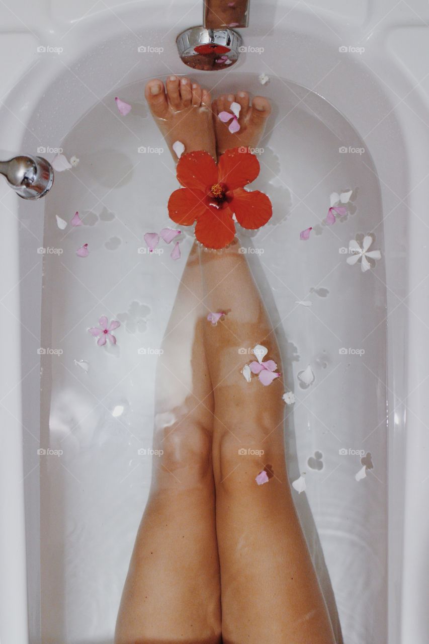 High angle view of a women in bath tub