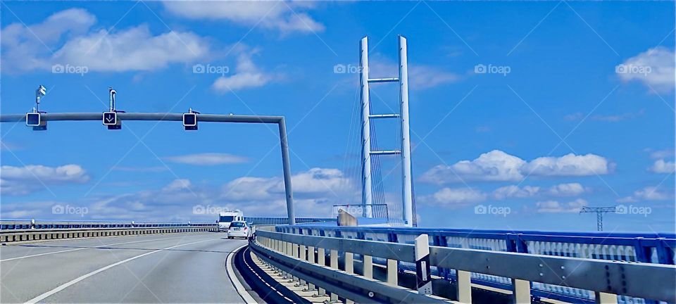 This is the “Rügenbrücke” leading over the “Strelasund”, a part of the “Baltic Sea” to the island of “Rügen” from the city of “Stralsund” in “Mecklenburg - Western Pomerania”, Germany. 2024. Hypnotic Productions