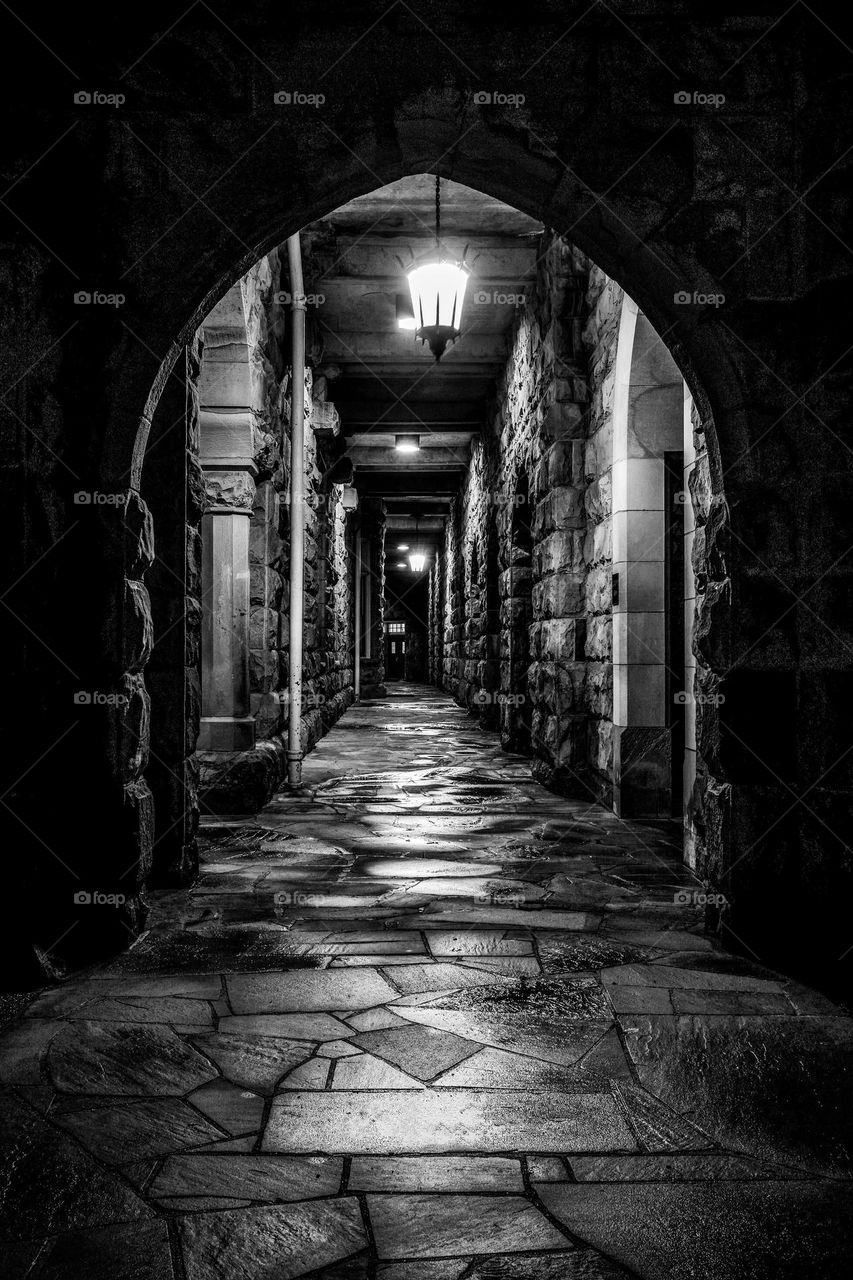 An arched doorway of an historic church at the University of the South in Sewanee, Tennessee. 